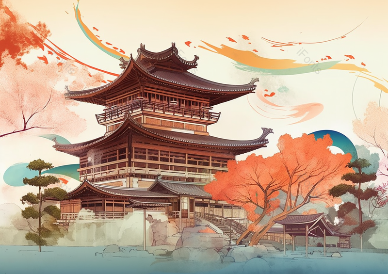 中国风国潮新中式秋季时节彩色的古风建筑树木枫树室外无人的场景背景插画,插画/手绘图,插画/手绘图库,插画/手绘图下载,插画/手绘